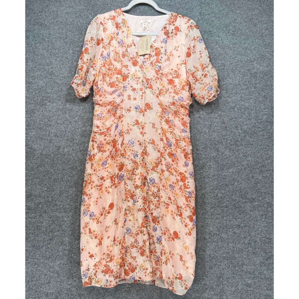 Sundance Midi Dress Womens 10 Pink Orange Silk‎ Floral V-Neck Bohemian NEW